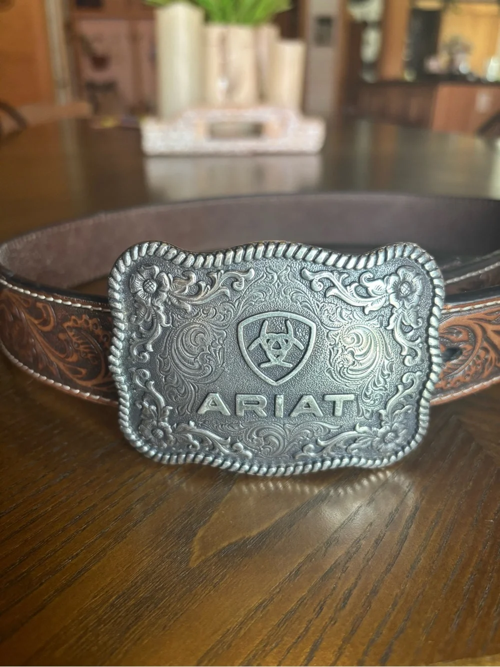 Ariat Western Leather Belt Size 32 Tooled Floral Silver Buckle Cowboy Rugged